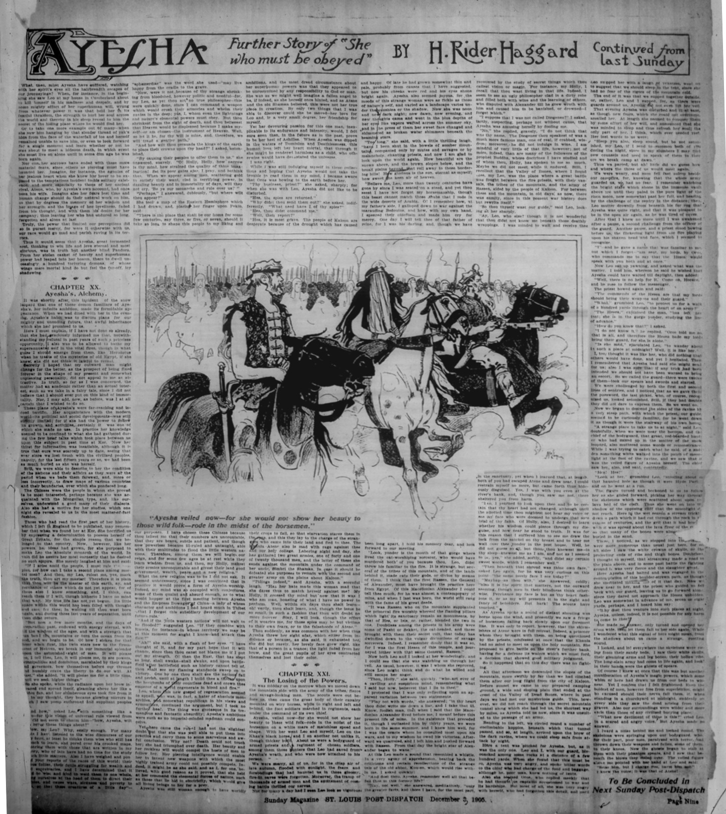 Ayesha veiled now—for she would not show her beauty to those wild folk—rode in the midst of the horsemen Ayeshaveiledstlouisdispatch3dec1905