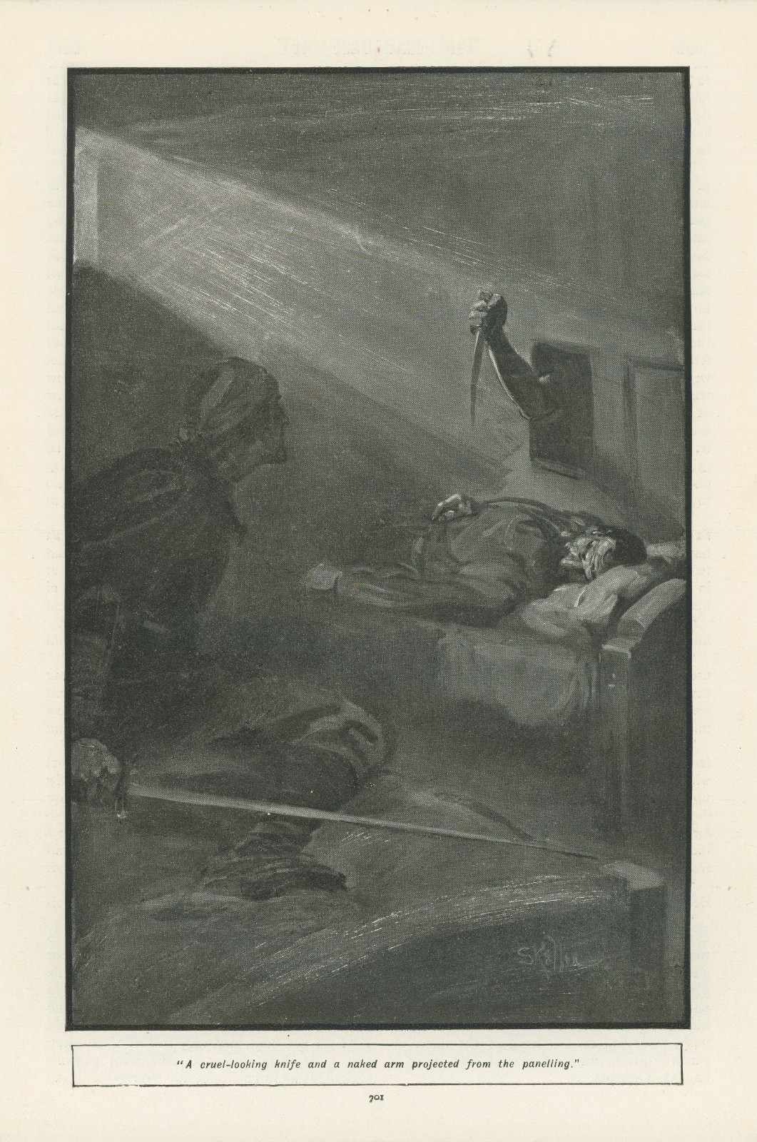 A cruel-looking knife and a naked arm projected through the panelling Acruelladysrealm701