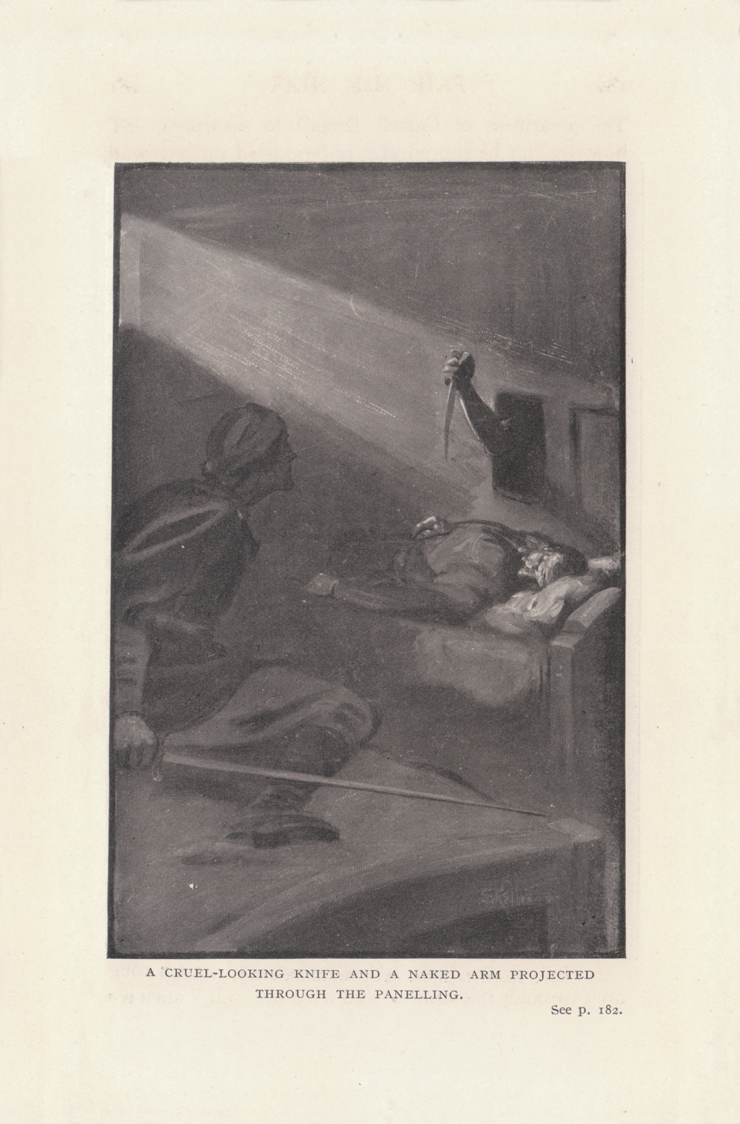 A cruel-looking knife and a naked arm projected through the panelling Acruel182