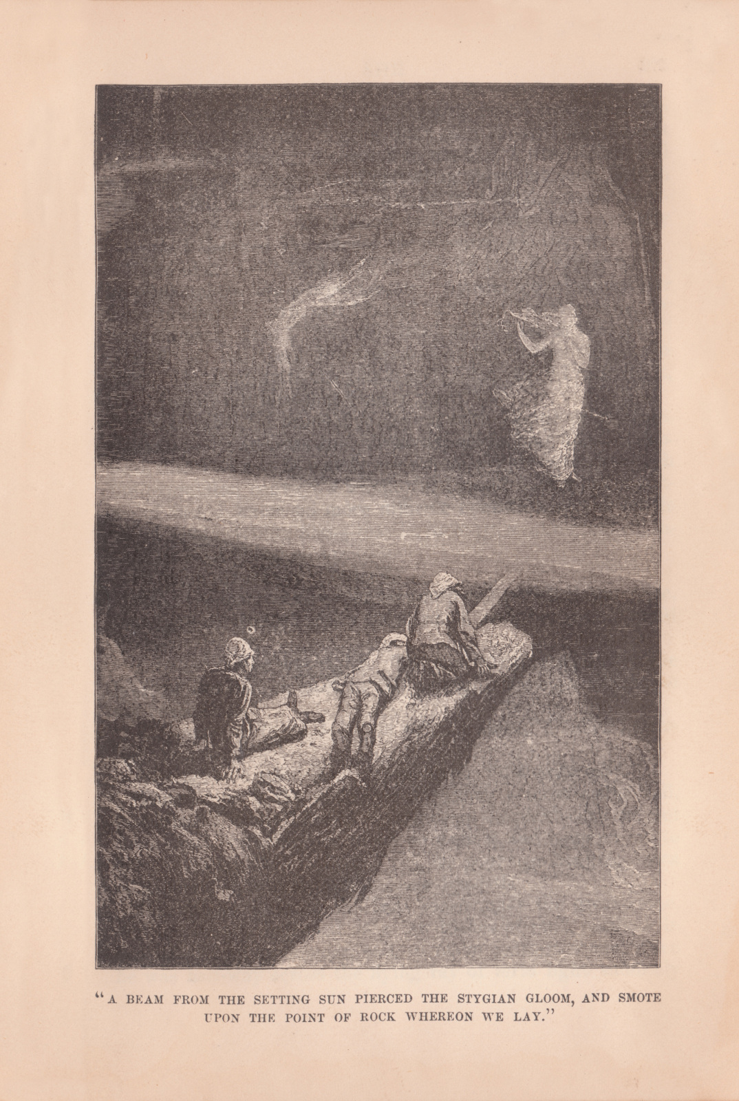 A beam from the setting sun pierced the stygian gloom, and smote upon the point of rock whereon we lay. Abeam272