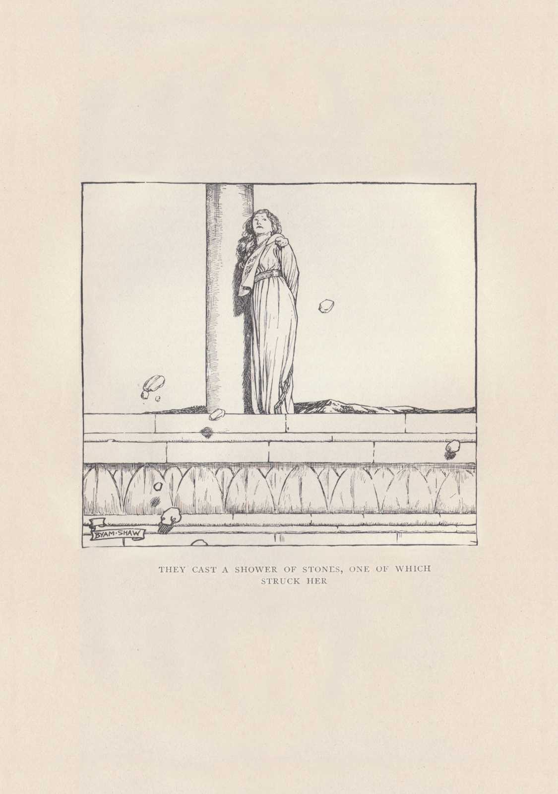 They cast a shower of stones, one of which struck her