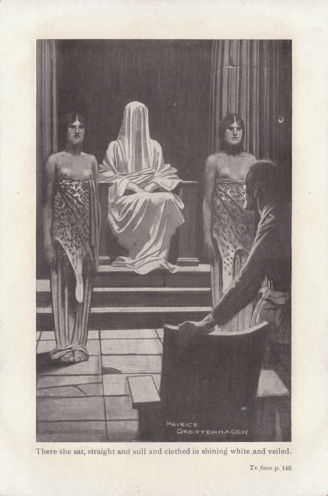 There she sat, straight and still, and clothed in shining white and veiled 