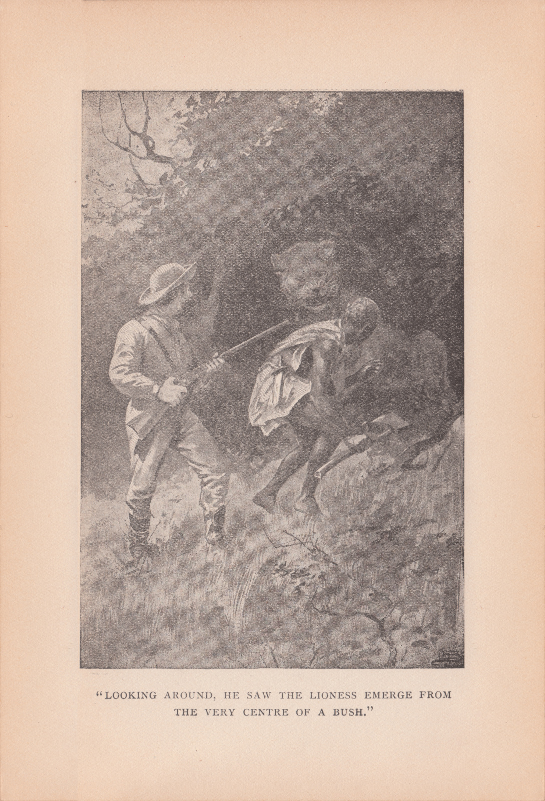 Looking around, he saw the lioness emerge from the very centre of the bush.