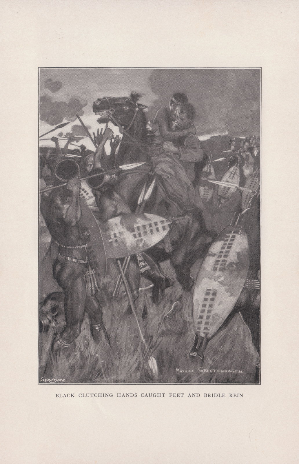 Black clutching hands caught feet and bridle rein