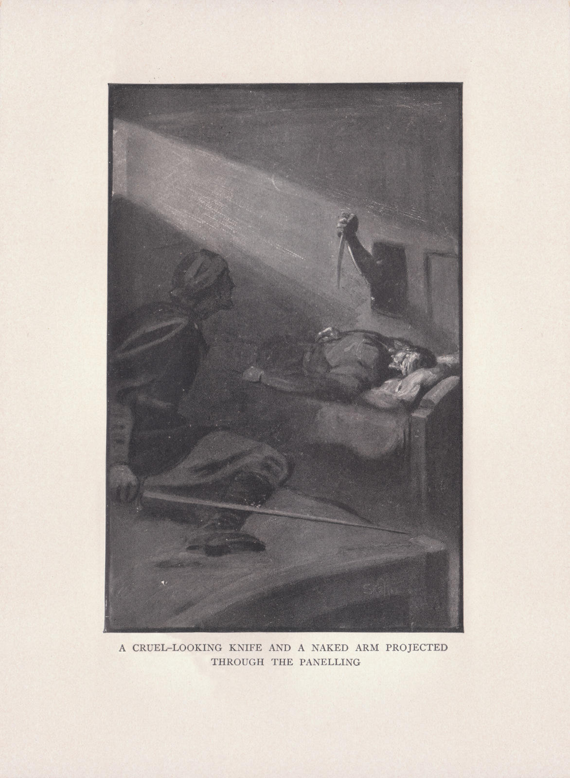 A cruel-looking knife and a naked arm projected through the panelling Acruellookingnylongmans172