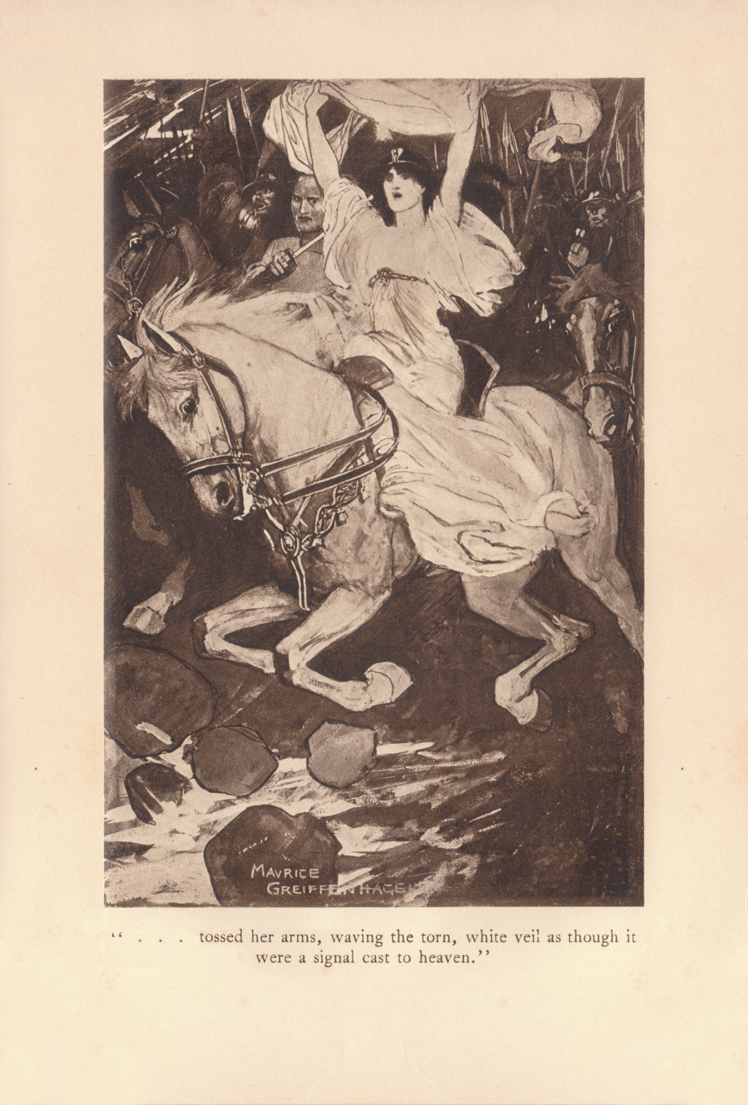 ...tossed her arms, waving the torn, white veil as though it were a signal cast to heaven