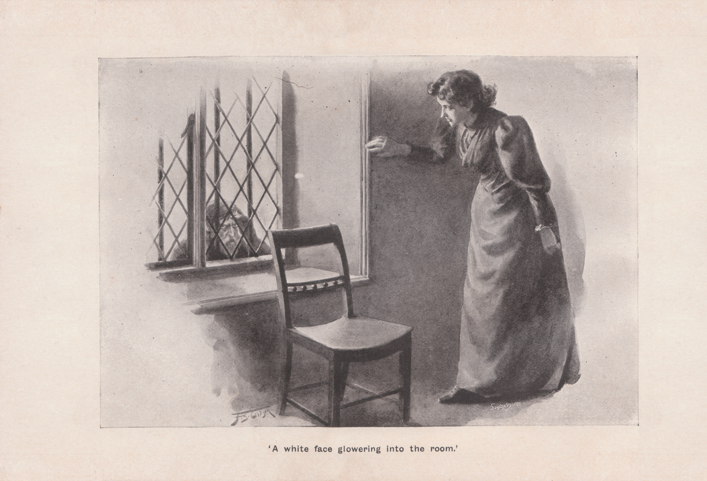 A white face glowering into the room. Awhitelondonlongmans1895408