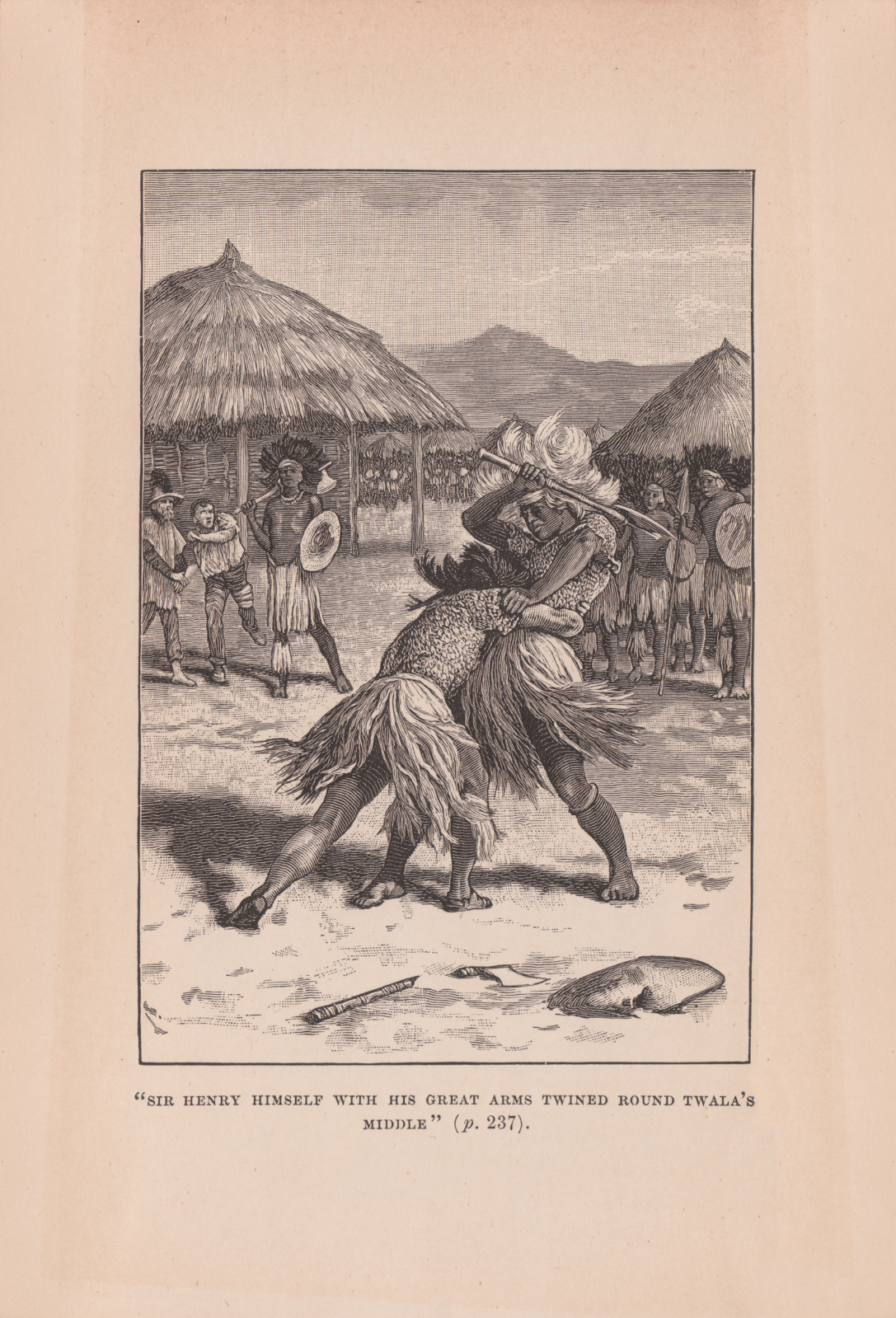 Sir Henry himself with his great arms twined round Twala's middle. Sirhenrycassell1888frontispiece