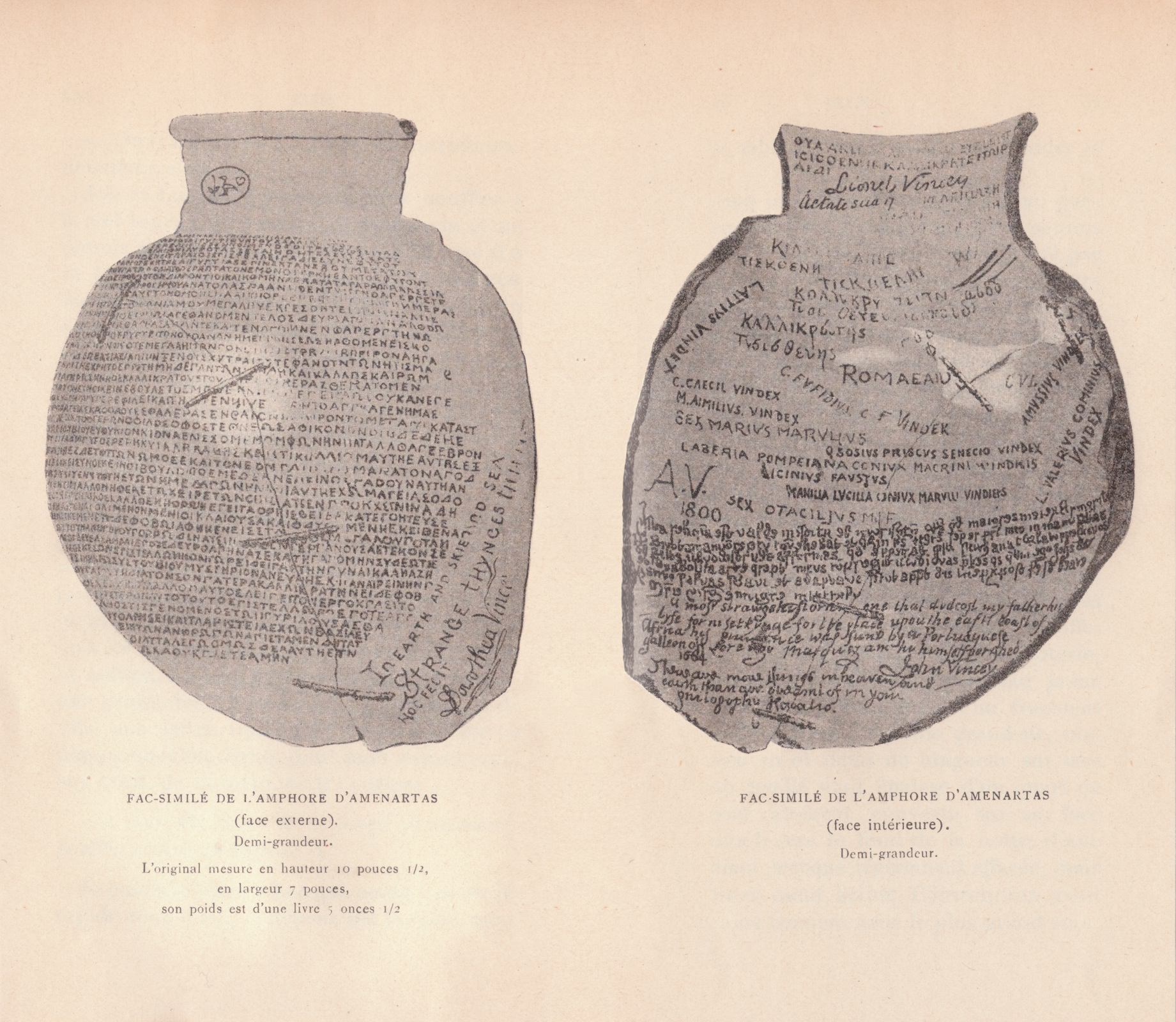 Fac-similié de L’Amphore D’ Amenartas (face externe). Demi-grandeur. L’original mesure en hauteur 10 pouces ½, en largeur 7 pouces, son poids est d’une livre 5 onces ½, Fac-similié de L’Amphore D’ Amenartas (face intérieure). Demi-grandeur. Facsimiliedegeorgescres192040