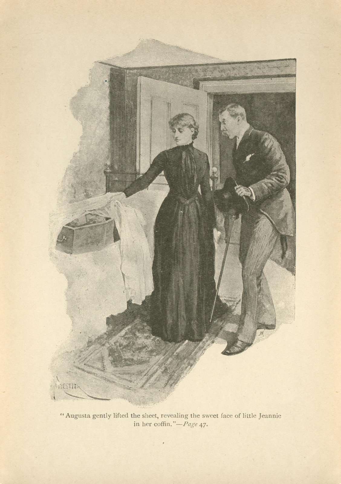 'Augusta gently lifted the sheet, revealing the sweet face of little Jeannie in her coffin.'