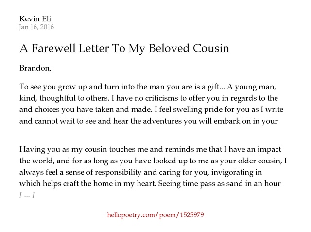 A Farewell Letter To My Beloved Cousin by Kevin Eli Hello Poetry A Farewell Letter To My Beloved Cousin by Kevin Eli Hello Poetry