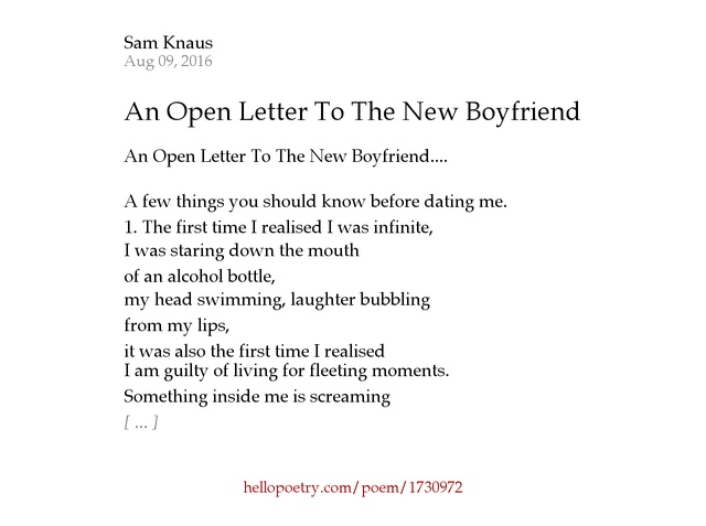 An Open Letter To The New Boyfriend by Sam Knaus Hello Poetry An Open Letter To The New Boyfriend by Sam Knaus Hello Poetry