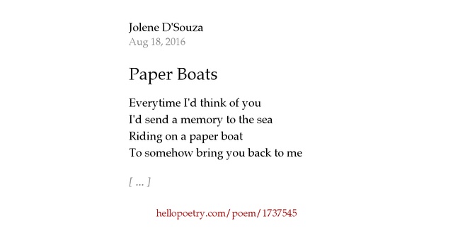 Paper Boats by Jolene D'Souza - Hello Poetry