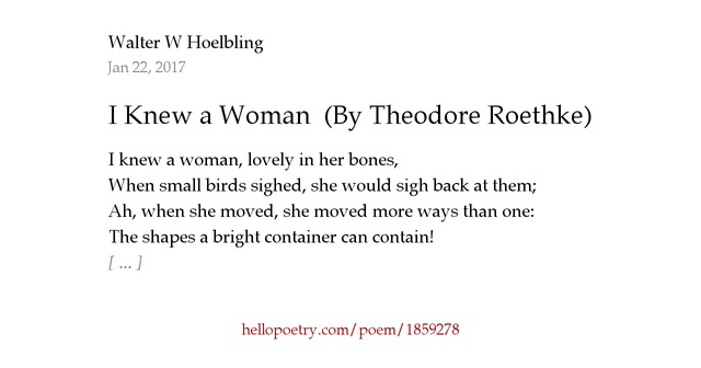 i knew a woman by theodore I knew a woman - online text : summary, overview, explanation, meaning, description, purpose, bio. i knew a woman by theodore I knew a woman - online text : summary, overview, explanation, meaning, description, purpose, bio.