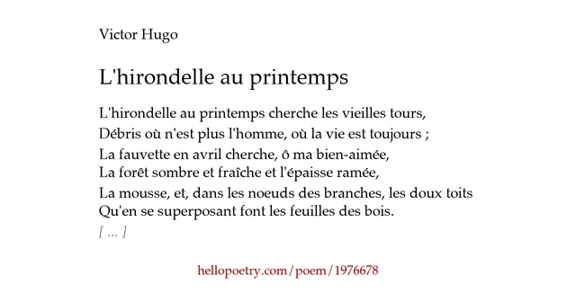 L'hirondelle au printemps by Victor Hugo - Hello Poetry