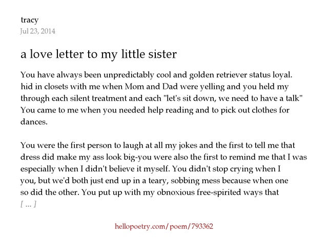 a love letter to my little sister by tracy Hello Poetry a love letter to my little sister by tracy Hello Poetry