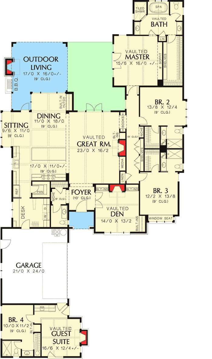 4 Bed House Plan with Vaulted Guest Suite - 69397AM | Architectural ... 4 Bed House Plan with Vaulted Guest Suite - 69397AM | Architectural ...