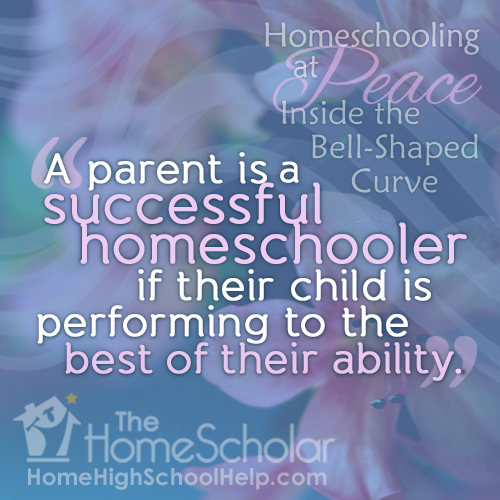 Cover image for The HomeScholar titled 'Homeschooling at Peace Inside the Bell-Shaped Curve.' The text overlay reads: 'A parent is a successful homeschooler if their child is performing to the best of their ability.' The background shows soft purple and pink floral tones with The HomeScholar logo at the bottom.
