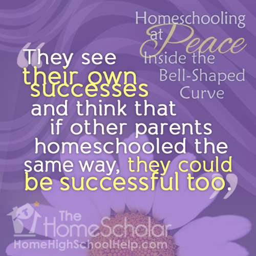 Cover image for The HomeScholar titled 'Homeschooling at Peace Inside the Bell-Shaped Curve.' The text overlay reads: 'They see their own successes and think that if other parents homeschooled the same way, they could be successful too.' The background features a purple flower with layered circular patterns, and The HomeScholar logo at the bottom.