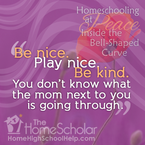 Cover image for The HomeScholar titled 'Homeschooling at Peace Inside the Bell-Shaped Curve.' The text overlay reads: 'Be nice. Play nice. Be kind. You don’t know what the mom next to you is going through.' The design features a red flower on a purple background with circular wave patterns, and The HomeScholar logo at the bottom.