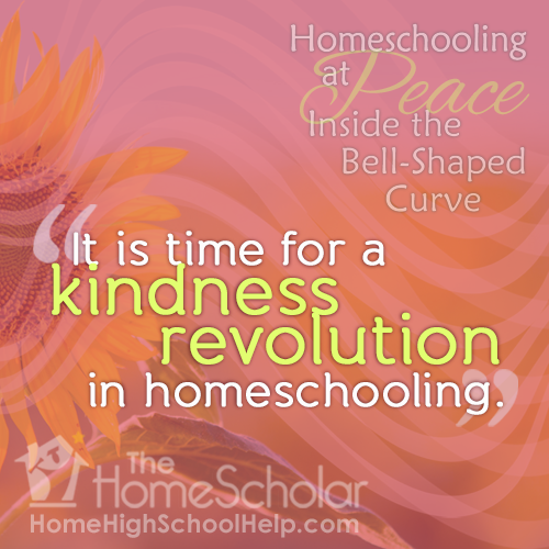 Cover image for The HomeScholar titled 'Homeschooling at Peace Inside the Bell-Shaped Curve.' The text overlay reads: 'It is time for a kindness revolution in homeschooling.' The background features a sunflower against warm orange and pink tones with wavy overlay patterns, and The HomeScholar logo at the bottom.