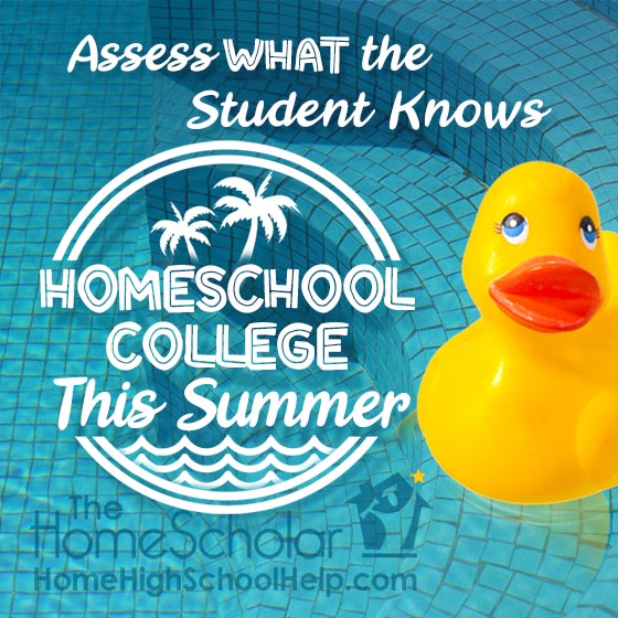 Yellow rubber duck floating in a bright blue tiled swimming pool. Text overlay reads: 'Assess what the student knows. Homeschool College This Summer.' The HomeScholar logo and HomeHighSchoolHelp.com appear at the bottom.