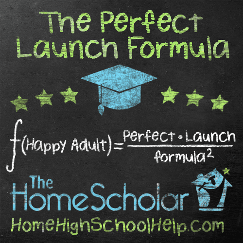 Promotional graphic for The HomeScholar. Chalkboard-style design with green text: ‘The Perfect Launch Formula.’ Features a blue graduation cap, green stars, and a math-style equation reading: f(Happy Adult) = Perfect • Launch Formula². Website: HomeHighSchoolHelp.com.