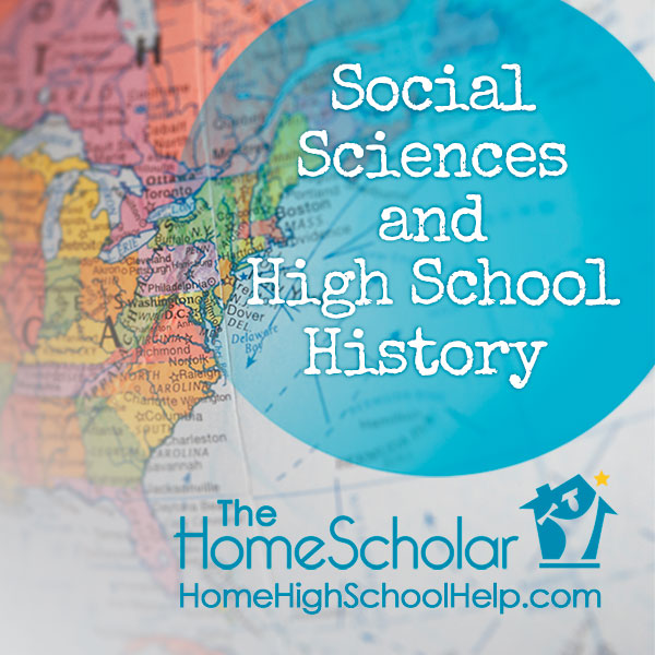 Cover image for The HomeScholar resource titled 'Social Sciences and High School History.' The design shows a close-up of the eastern United States on a colorful map, with a blue circle overlay containing the title text. The HomeScholar logo and website HomeHighSchoolHelp.com appear at the bottom