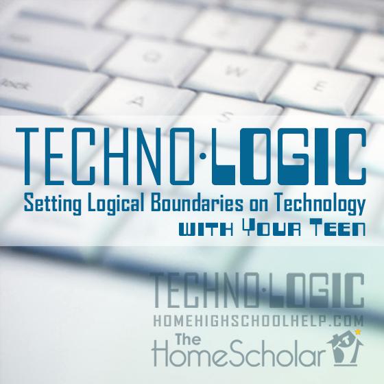 Close-up of a white computer keyboard in the background. Overlaid text reads: ‘TechnoLogic: Setting Logical Boundaries on Technology with Your Teen.’ At the bottom, faded text repeats ‘TechnoLogic HomeHighSchoolHelp.com’ along with The HomeScholar logo.