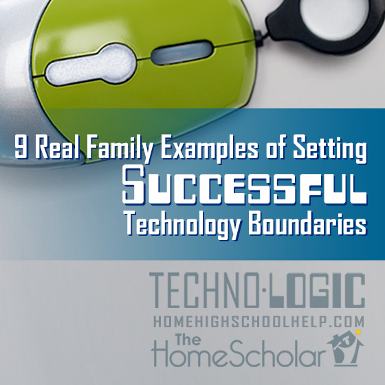 Green and white computer mouse with cord on a light background. Overlaid text reads: ‘9 Real Family Examples of Setting Successful Technology Boundaries.’ At the bottom, faded text says ‘TechnoLogic HomeHighSchoolHelp.com’ along with The HomeScholar logo.