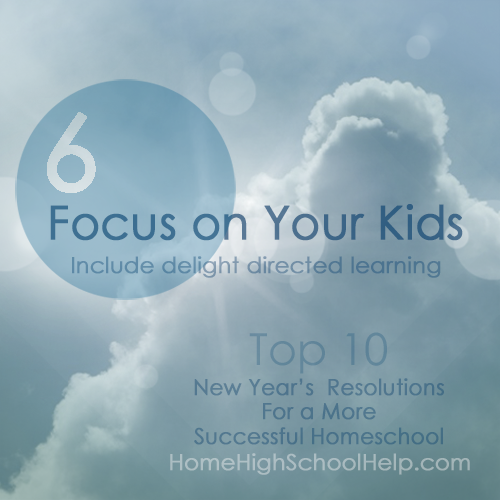 Graphic with a soft blue sky and clouds background. Large number '6' appears in a translucent blue circle. Bold text reads: 'Lose Weight,' with smaller text underneath: 'Eliminate homeschool clutter.' Lower text says: 'Top 10 New Year's Resolutions for a More Successful Homeschool' and 'HomeHighSchoolHelp.com