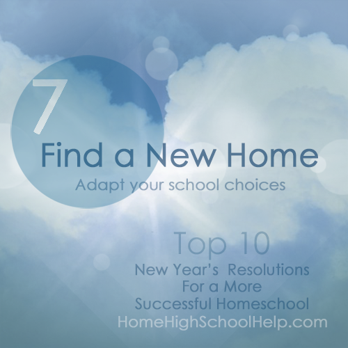 Graphic with a soft blue sky and clouds background. Large number '1' appears in a translucent blue circle. Bold text reads: 'Lose Weight,' with smaller text underneath: 'Eliminate homeschool clutter.' Lower text says: 'Top 10 New Year's Resolutions for a More Successful Homeschool' and 'HomeHighSchoolHelp.com