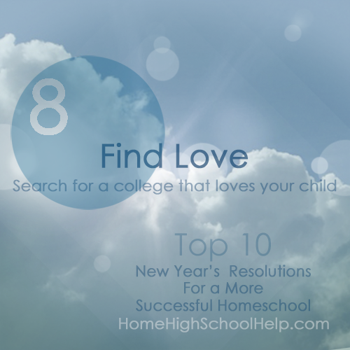 Graphic with a soft blue sky and clouds background. Large number '8' appears in a translucent blue circle. Bold text reads: 'Lose Weight,' with smaller text underneath: 'Eliminate homeschool clutter.' Lower text says: 'Top 10 New Year's Resolutions for a More Successful Homeschool' and 'HomeHighSchoolHelp.com