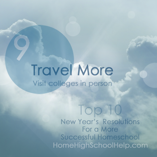 Graphic with a soft blue sky and clouds background. Large number '9' appears in a translucent blue circle. Bold text reads: 'Lose Weight,' with smaller text underneath: 'Eliminate homeschool clutter.' Lower text says: 'Top 10 New Year's Resolutions for a More Successful Homeschool' and 'HomeHighSchoolHelp.com