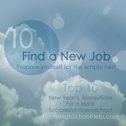 Graphic with a soft blue sky and clouds background. Large number '10' appears in a translucent blue circle. Bold text reads: 'Lose Weight,' with smaller text underneath: 'Eliminate homeschool clutter.' Lower text says: 'Top 10 New Year's Resolutions for a More Successful Homeschool' and 'HomeHighSchoolHelp.com