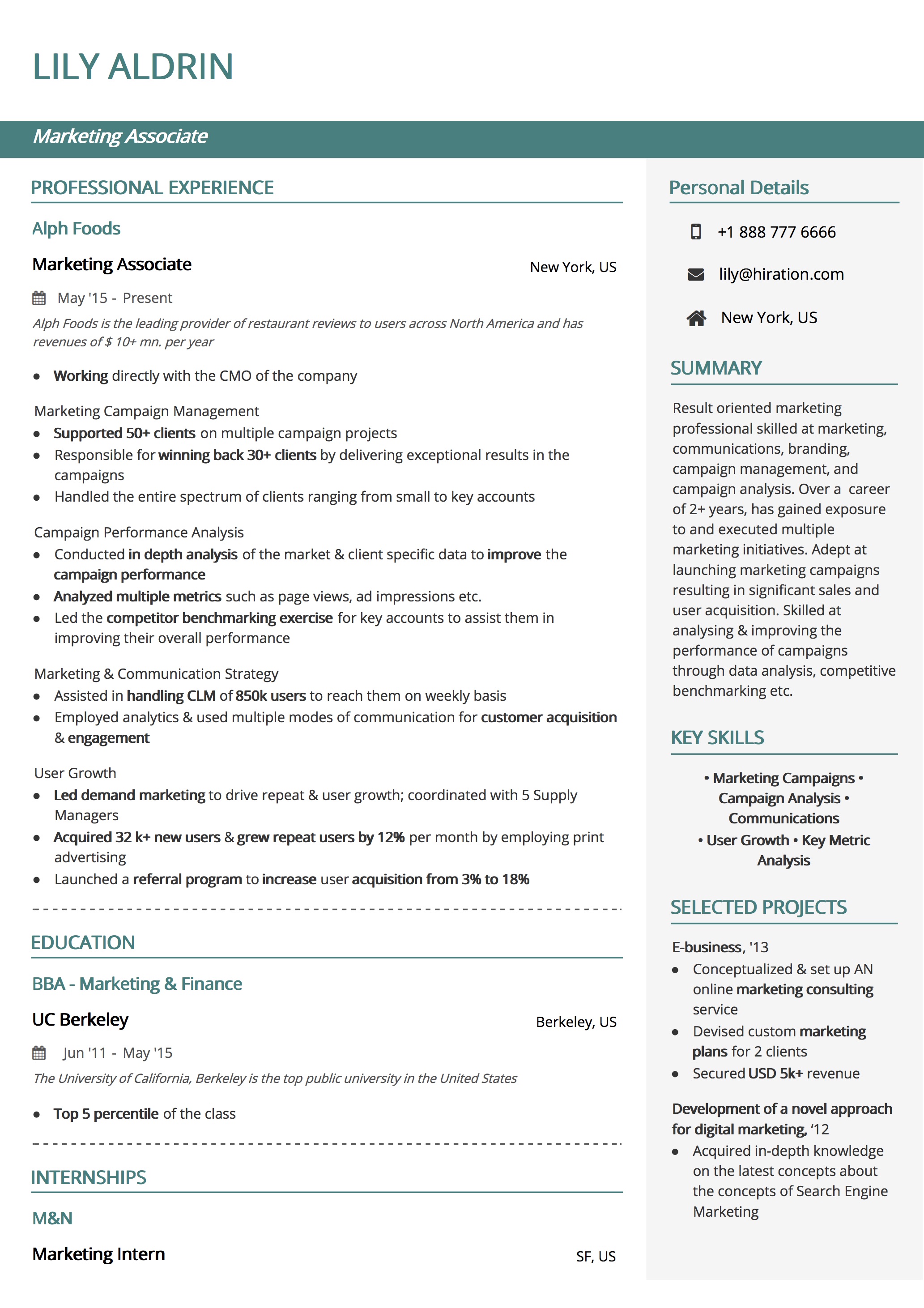 Teal Colored Resume Template