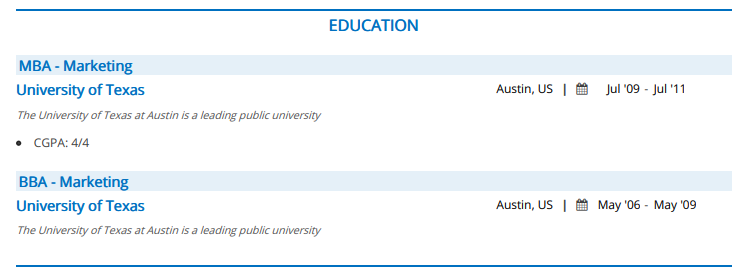 Education section in a Marketing Head resume