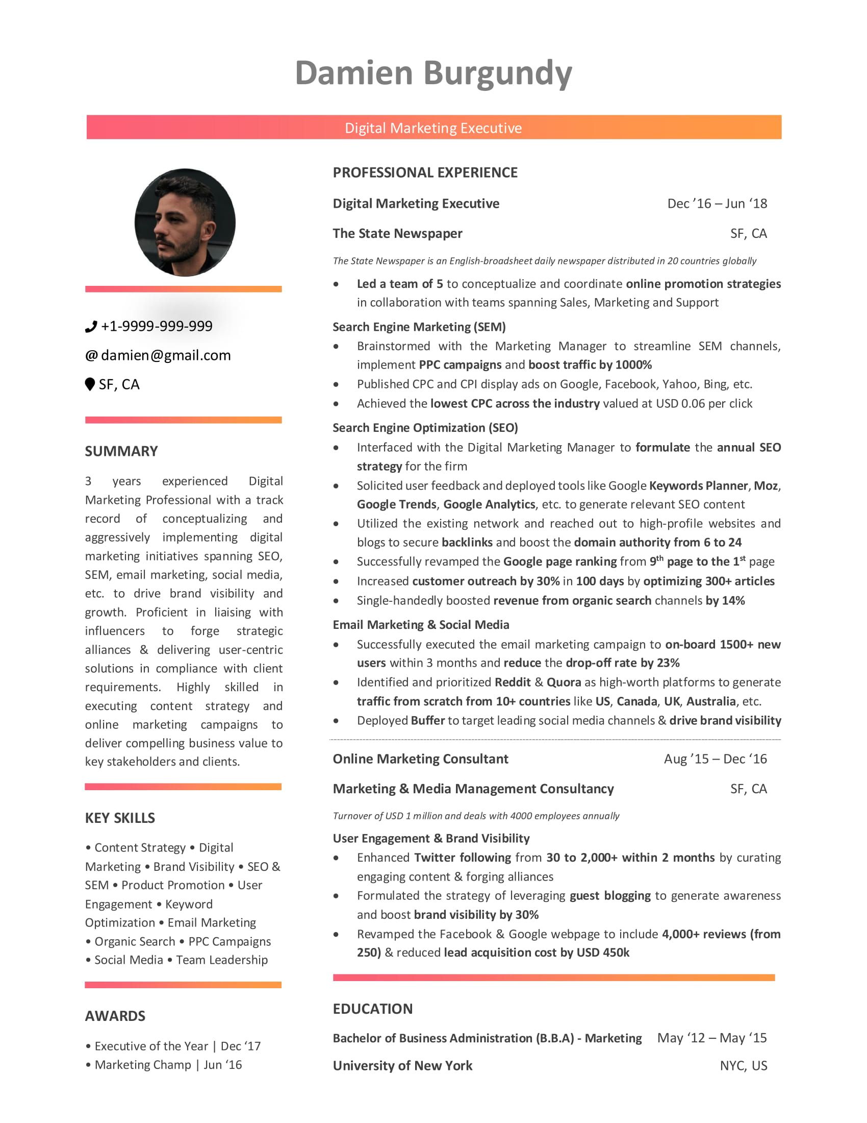 resume summary examples online marketing