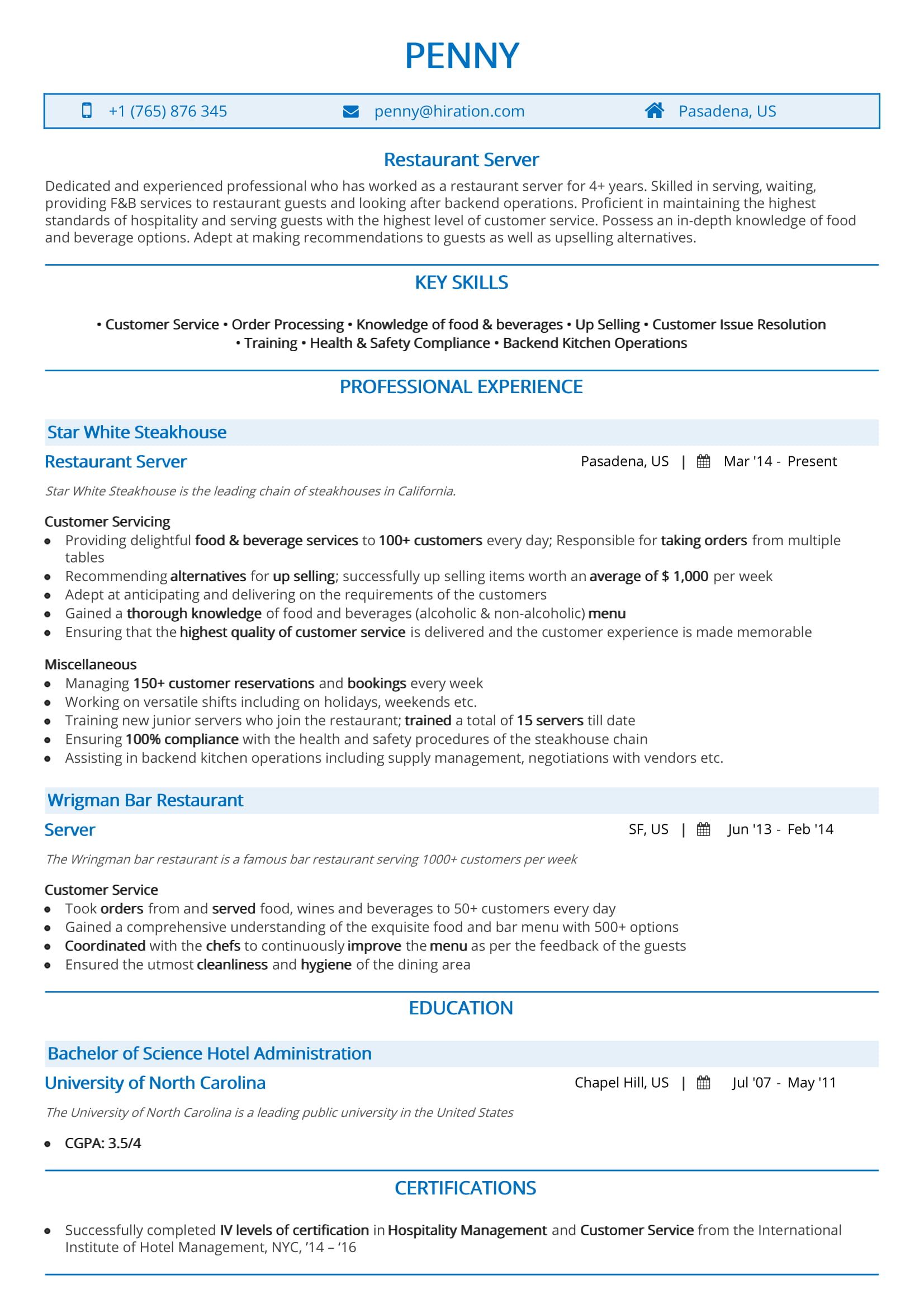 Server Resume Examples And 2019 Guide [ 50 Samples]