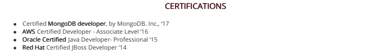 Certifications section in a Software Engineer resume
