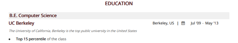 Education section in a Software Engineer resume