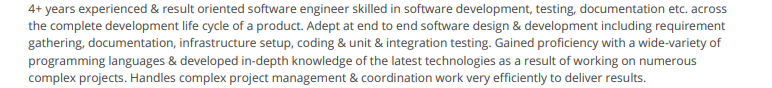 Summary section in a Software Engineer resume