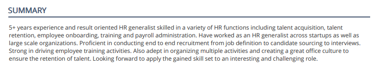 Summary section in a Human Resources resume