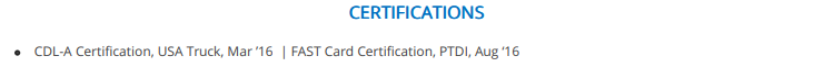Certifications section in a Truck Driver resume