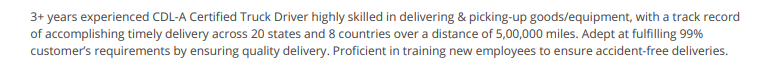 Summary section in a Truck Driver resume