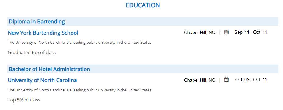 Education section in a Bartender Resume