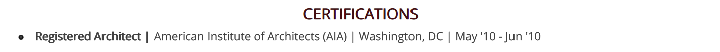 Certifications section in an Architecture Resume