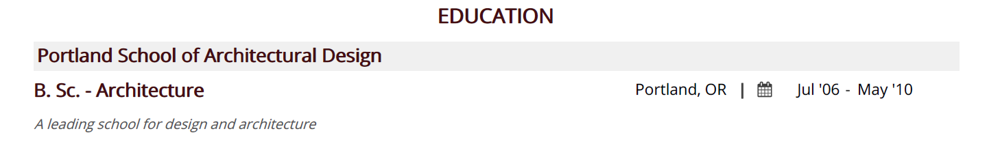 Education section in an Architecture Resume
