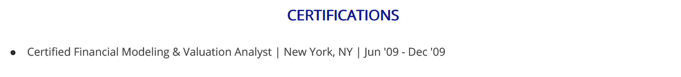 Certifications Section in a Financial Analyst Resume