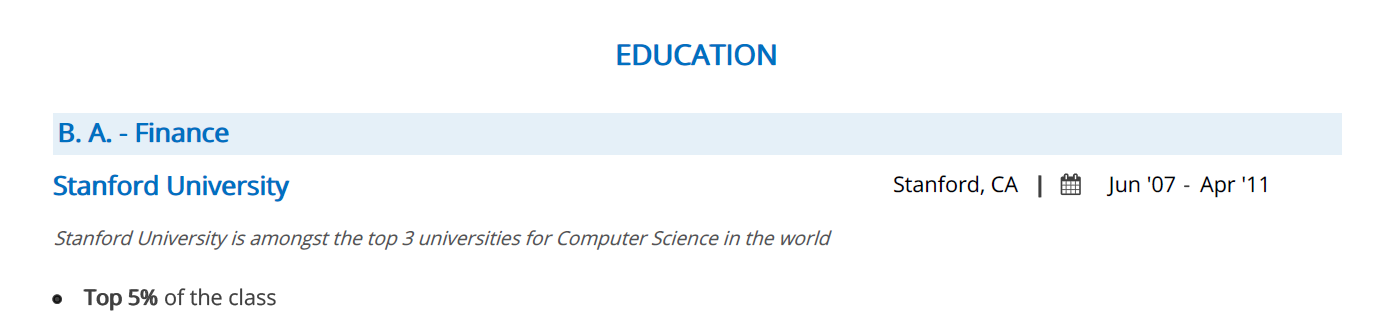 Education section in a Management Consultant resume